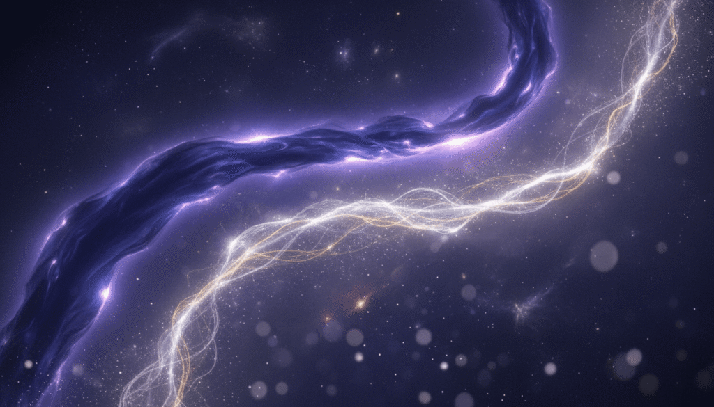 Du skirtingi šviesos srautai – vienas platus, indigo spalvos, kitas smulkus, aukso spalvos, plūduriuojantys kosminėje erdvėje.