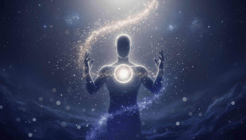 Švytintis faceless siluetas su pakeltomis rankomis, kanalinėmis aukso ir indigo energijos srautais, tirpstančiais kosmose.