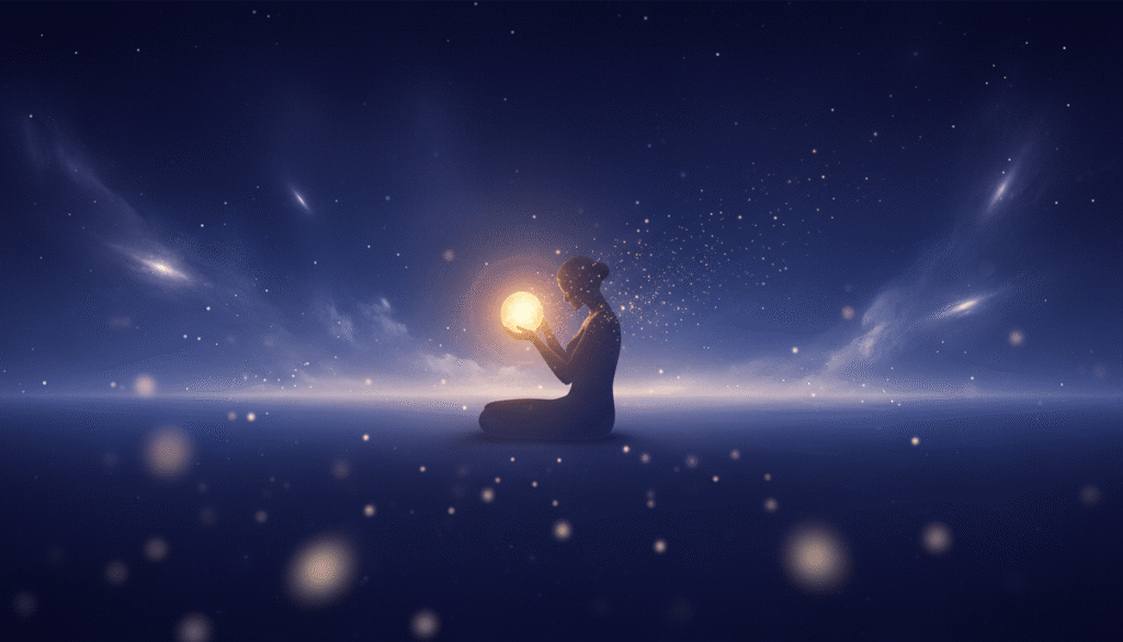 Vienišas siluetas laiko švytintį auksinį rutulį giliame indigo-violetiniame kosmose, apsuptas švelnių dalelių.