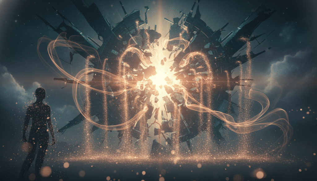 Abstrakti, griaunama tamsi struktūra virsta rožinio aukso ir kreminės spalvos dalelėmis. Iš jos sklinda šviesa. Transformuojanti atmosfera.