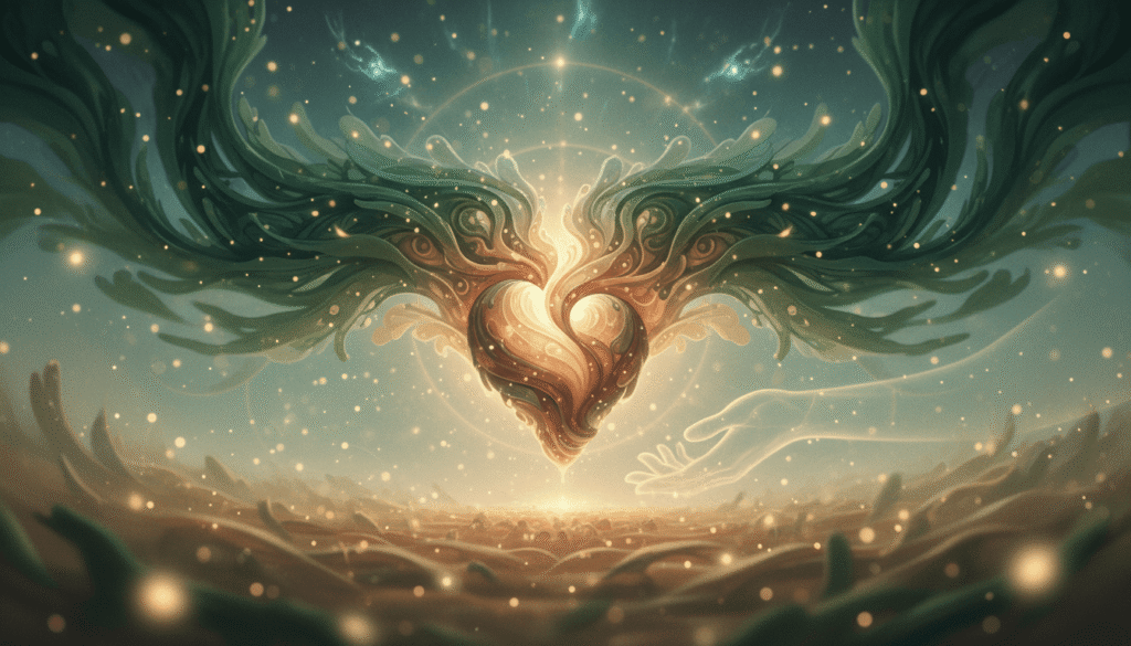 Abstrakti širdis su žaliais srautais, švelniai laikoma švytinčių rankų, rami, žemiška atmosfera su šviečiančiomis dalelėmis.