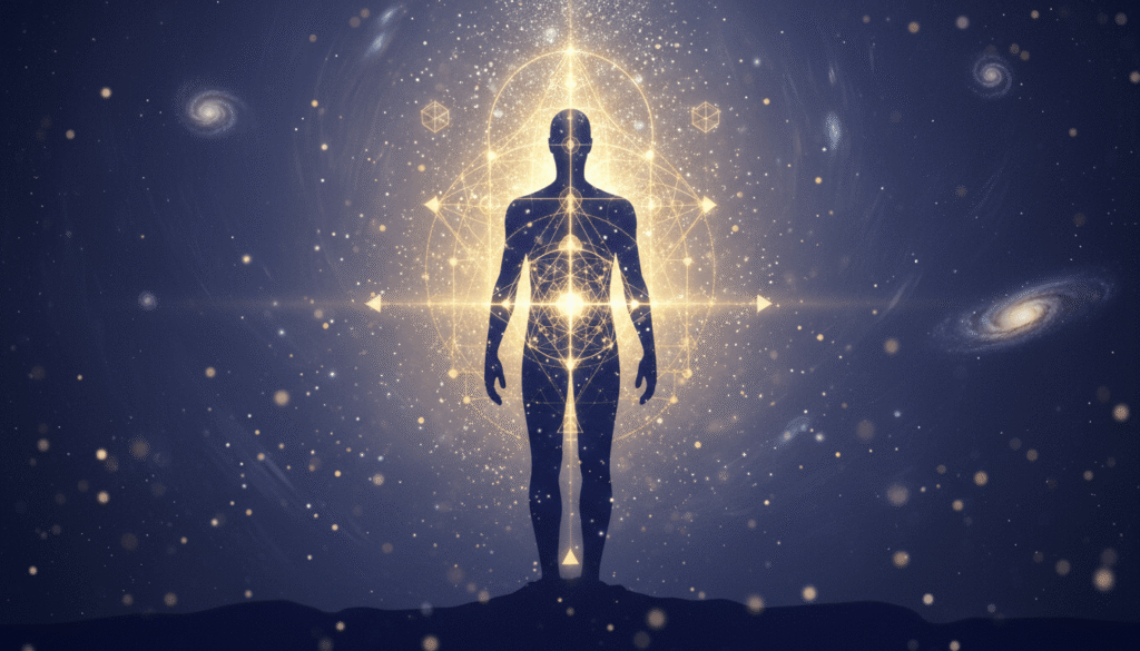 Galingas siluetas su auksine šviesa centre, kylančia į violetinį kosminį foną, su švytinčiomis dalelėmis ir struktūra.