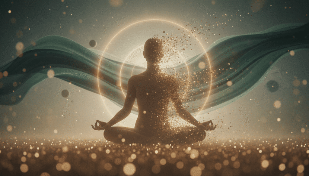 Švytintis siluetas su bronzos dalelėmis, derantis su abstrakčia giliai žalia energija, švelni kosminė šviesa.