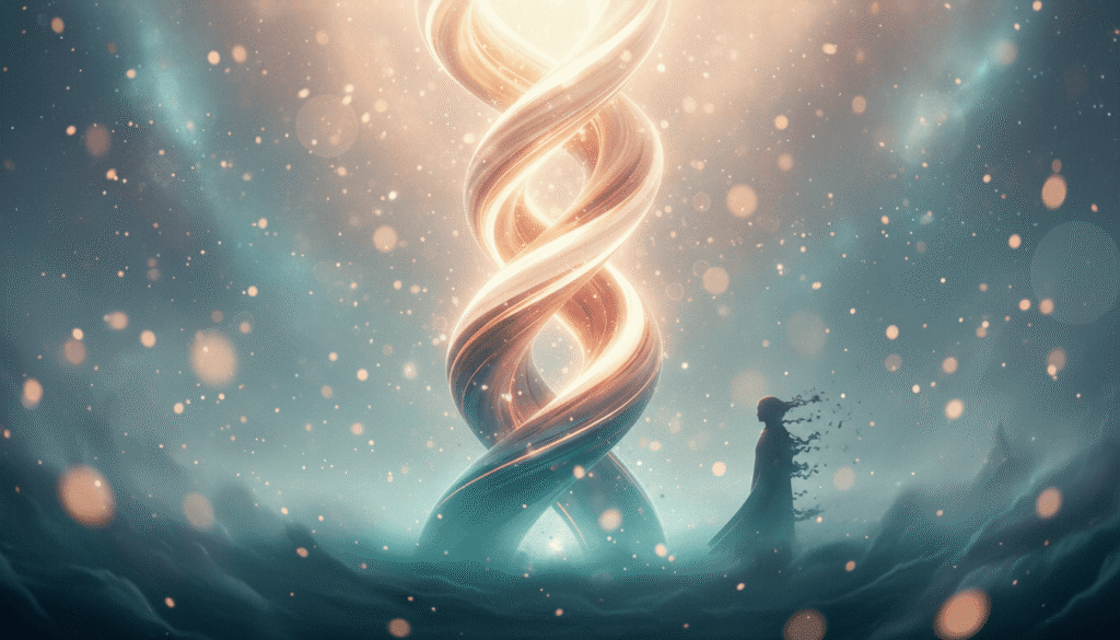 Švelniai švytintis energijos sūkurys, sukantis aukštyn, su teal, rožinio aukso ir kreminėmis spalvomis, stebimas ramaus silueto.