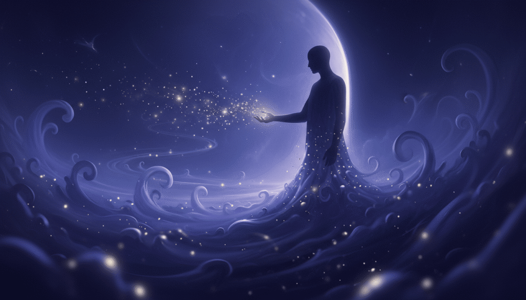 Siluetas stovi prie slenksčio, apsuptas indigo ir violetinių miglų, švytinčios dalelės apšviečia spiralinį kelią į gilumą.