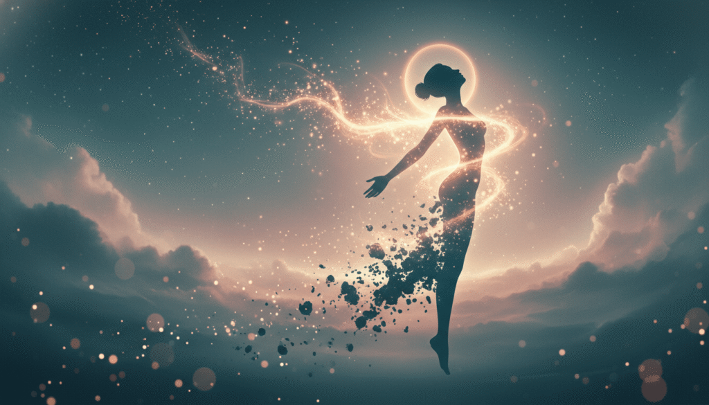 Eterinis siluetas, kurio tamsios formos tirpsta ir virsta spindinčia aukso bei kremo spalvos šviesa, su plūduriuojančiomis dalelėmis.