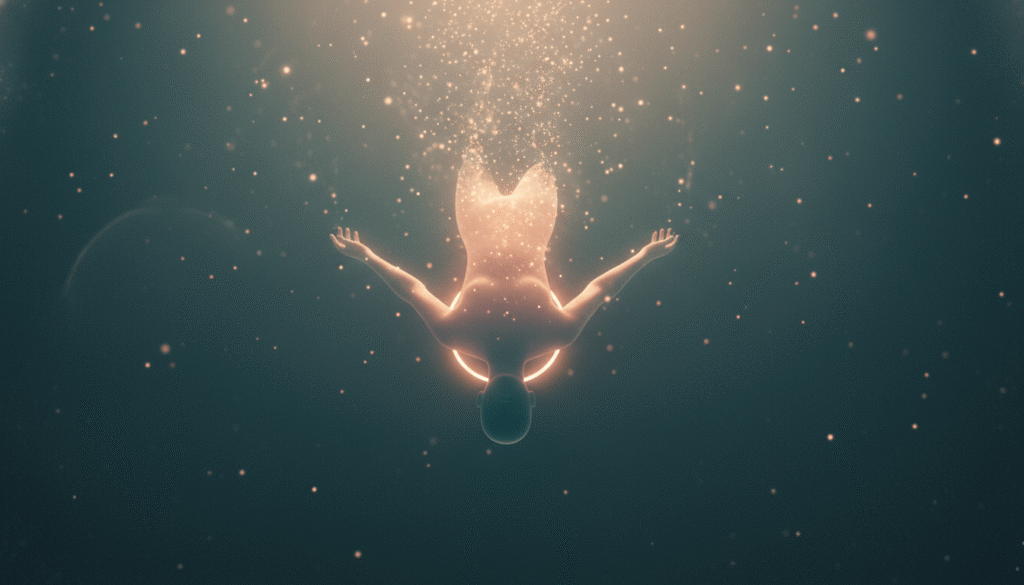 Švelniai švytintis apverstas siluetas, sklindantis rožinio aukso šviesoje ir tirpstantis giliai melsvai žalioje spalvoje, kosminis fonas.