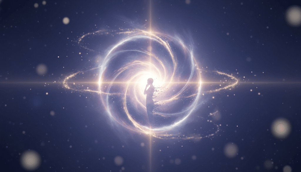 Švytintis, sūkurinis kosminis portalas, iš kurio sklinda auksinės energijos srautai ir dalelės, su kontempliatyviu siluetu. Indigo, violetinė, auksinė šviesa.
