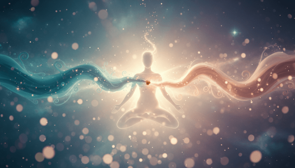 Elegantiškas siluetas, apsuptas susiliejančių gilios teal ir rožinio aukso šviesos srautų, skleidžiantis ramią kreminę šviesą su aukso akcentais.