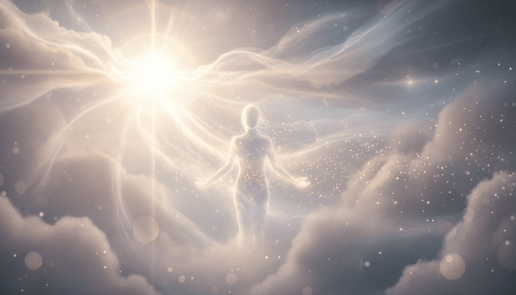 Švytintis siluetas su atviromis rankomis, maudosi perlinėje ir šviesiai auksinėje šviesoje, sklaidančioje anglies dulkių rūką.