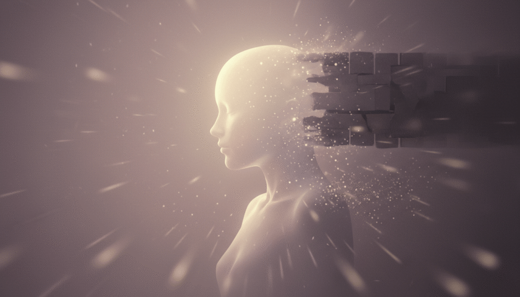 Švytintis siluetas profiliu, su vidine auksine ir perlų šviesa, atstumiančia tamsią struktūrą. Aplink plūduriuoja švelnios šviesos dalelės, sukurdamos mistinę nuotaiką.