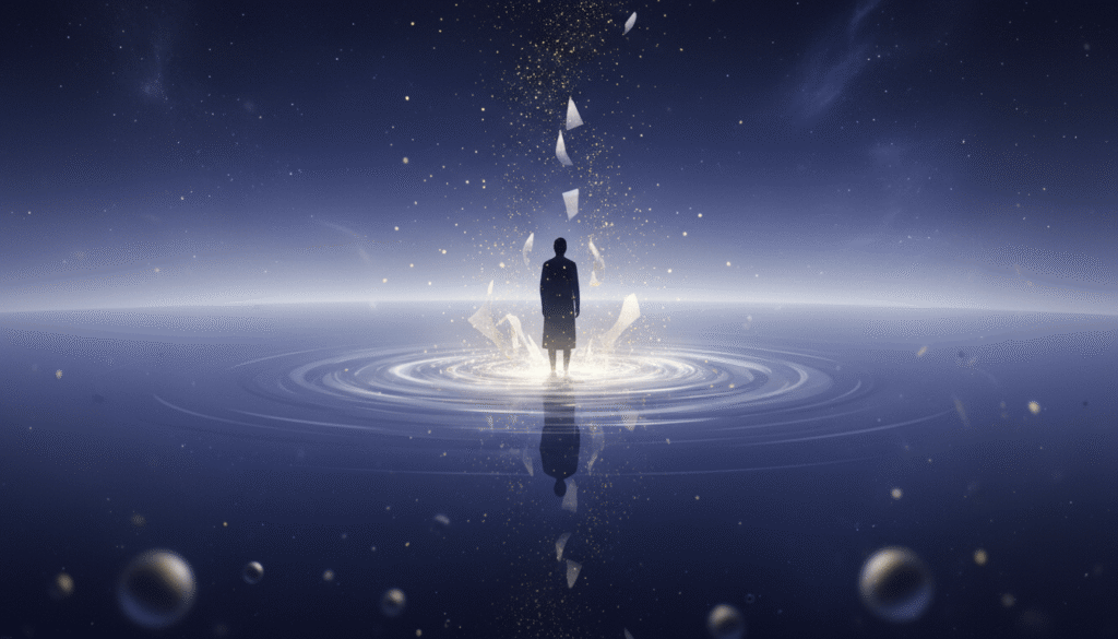 Eterinis siluetas stovi prie gilų indigo kosminio ežero, iš kurio kyla sidabrinė šviesa, atskleidžianti pasąmonės formas.