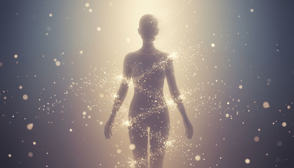 Siluetas, švelniai supančiotas tamsiai pilkų ir rausvų energijos srautų, išsisklaidantys auksinės šviesos purslai, gilus kosminis fonas.