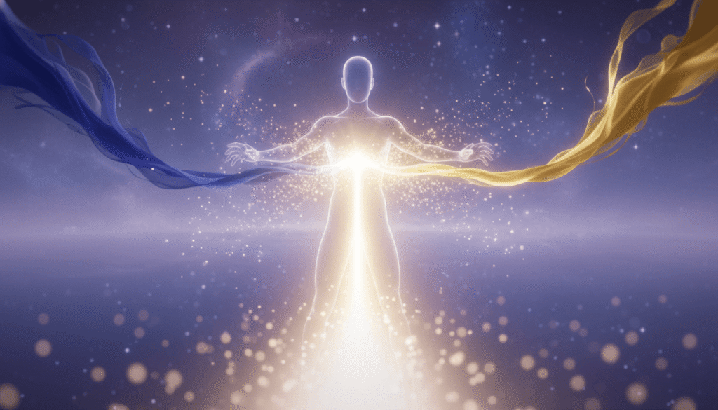 Švytintis siluetas veda dvi energijos sroves – indigo jėgai, aukso valiai – susiliejančias į ryškų kelią kosminėje erdvėje.