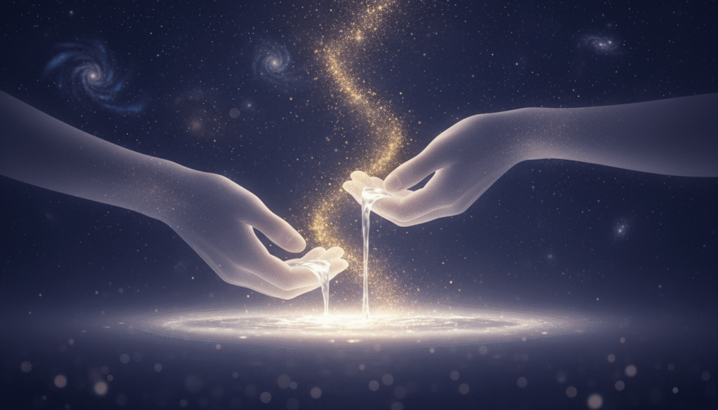 Švelnios rankos liejančios sidabrinę šviesą ant paviršiaus, iš kurio kyla auksinės dalelės į violetinį kosminį foną.
