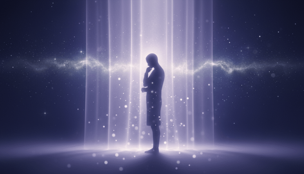 Švytinti, be veido silueto figūra stovi priešais permatomą violetinės šviesos šydą, kosminiame indigo fone, sklinda auksinės dalelės.
