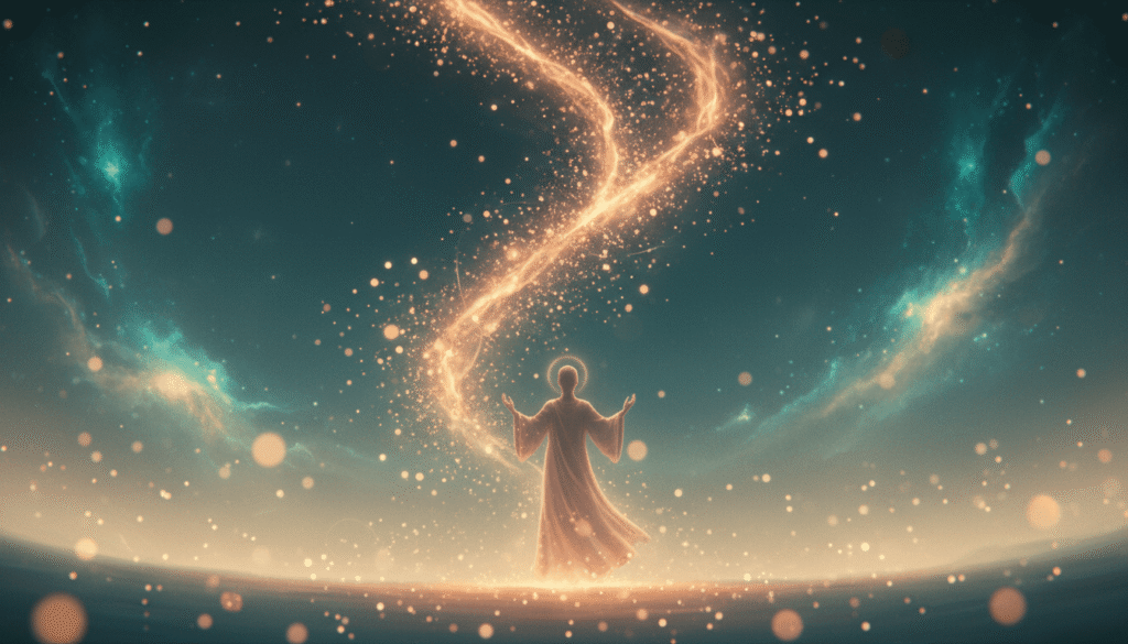 Dinamiškas gintaro ir rožinio aukso šviesos verpetas su subtiliu siluetu, kylantis į viršų kosminiame fone su švytinčiomis dalelėmis.