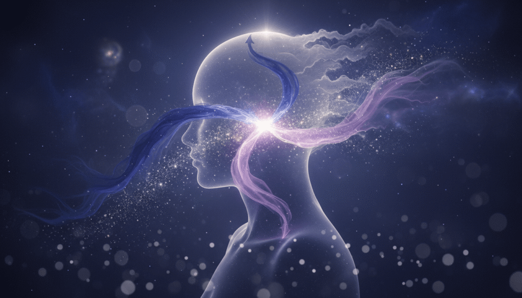 Eterinis siluetas, iš kurio galvos sklinda indigo ir violetinės spalvos šviesos srovės, su švytinčiomis dalelėmis kosminiame fone.
