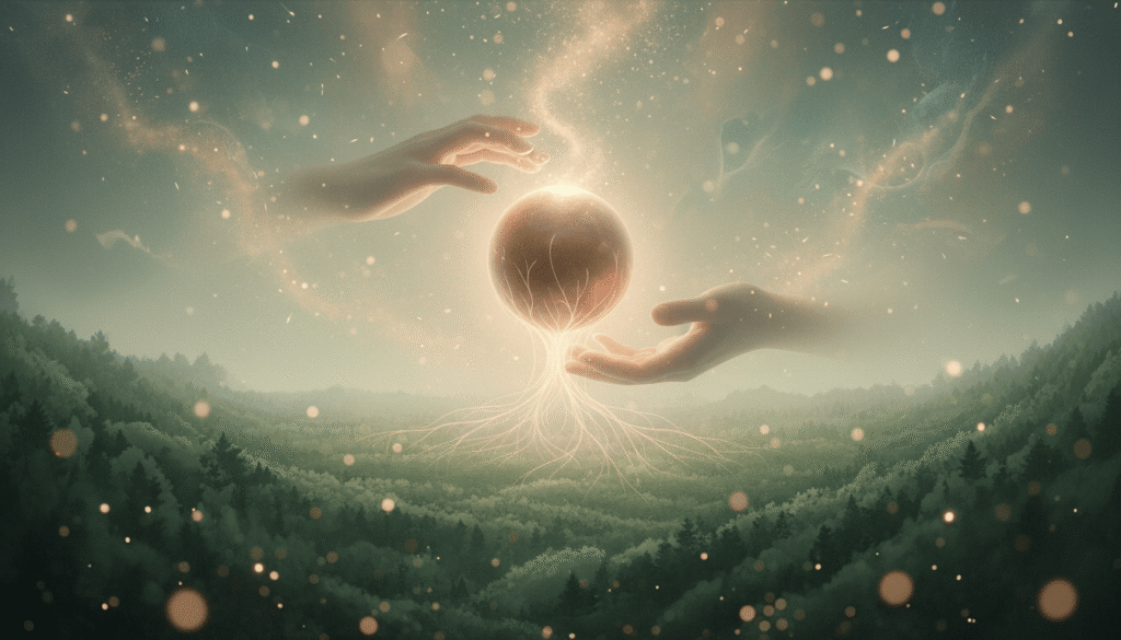 Švytinti bronzos sfera su šaknimis, kylančiomis dalelėmis ir švelniomis rankomis, eteriniame miško fone.