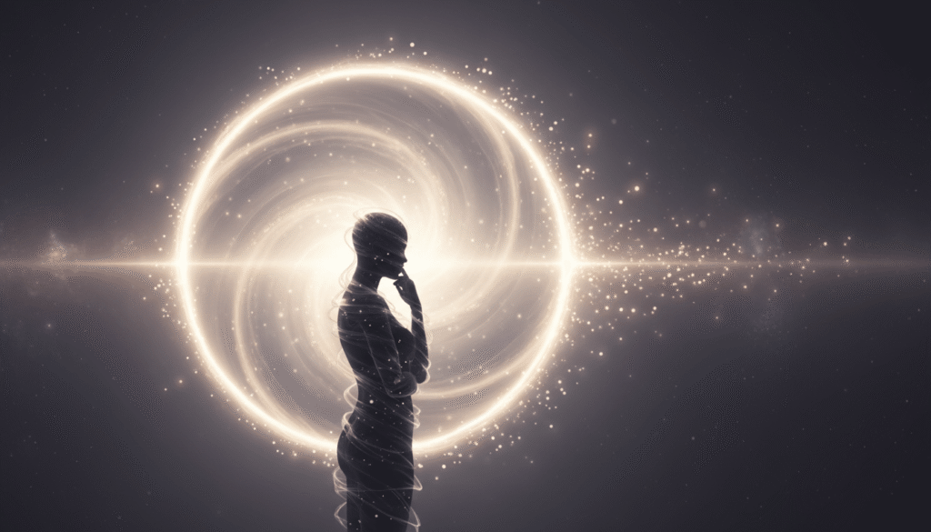 Befacė figūra prieš besisukantį perlo ir aukso šviesos portalą, švelnios dalelės sklaidosi dūminės violetinės spalvos kosminėje erdvėje.