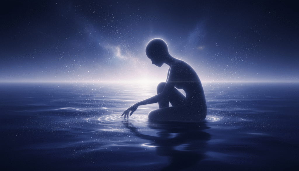 Siluetas stovi prie švytinčio indigo ir violetinės spalvos vandens, iš kurio kyla auksinės dalelės, sukuriant kosminę atmosferą.