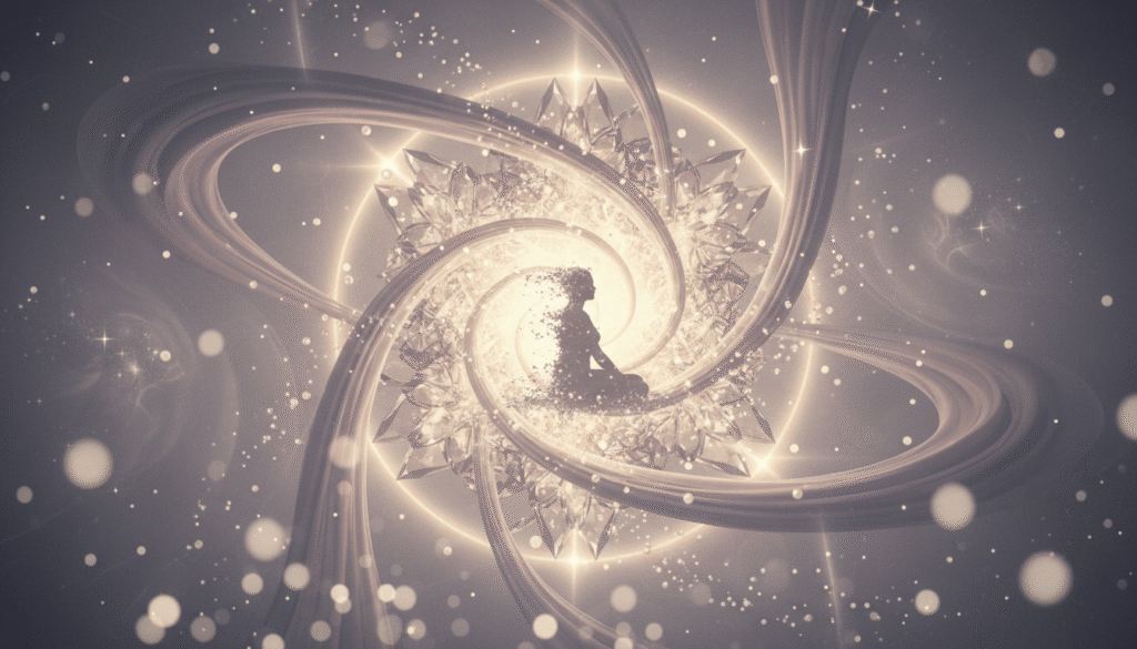 Luminous organic-crystalline forma spinduliuoja švelnia šviesa, siluetas susilieja su šviesa, aplinkui plaukioja auksinės dalelės kosminiame fone.