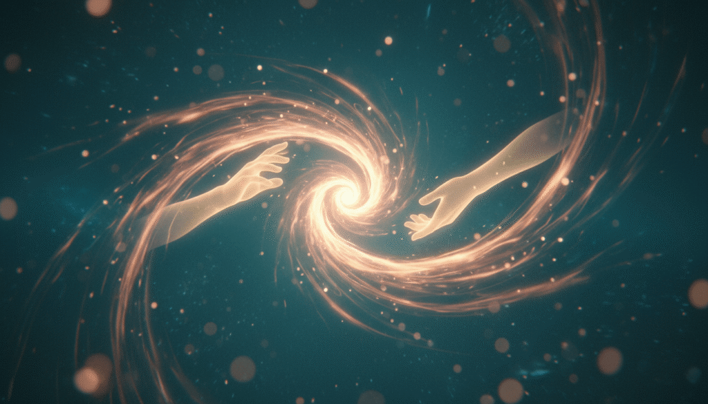 Galingas rožinio aukso ir gintaro energijos sūkurys, kylantis iš centro, valdomas šviesių rankų, gilumoje – žalsvai mėlynas kosminis fonas.