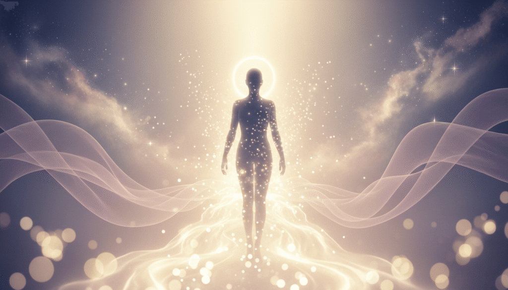 Siluetas išeina iš švelnaus pelenų debesies į spinduliuojančią šviesios auksinės spalvos taką, su kylančiomis dalelėmis ir kosminiu fonu.