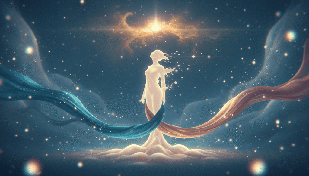 Švytintys teal ir rožinio aukso srautai susipina į pamatą. Siluetas žiūri į erdvę, sklinda šviesios dalelės.