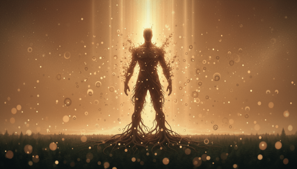 Stiprus švytintis siluetas su giliais šaknimis, iš kurio vidaus kyla bronzinė šviesa ir dalelės, žemės tonai fone.