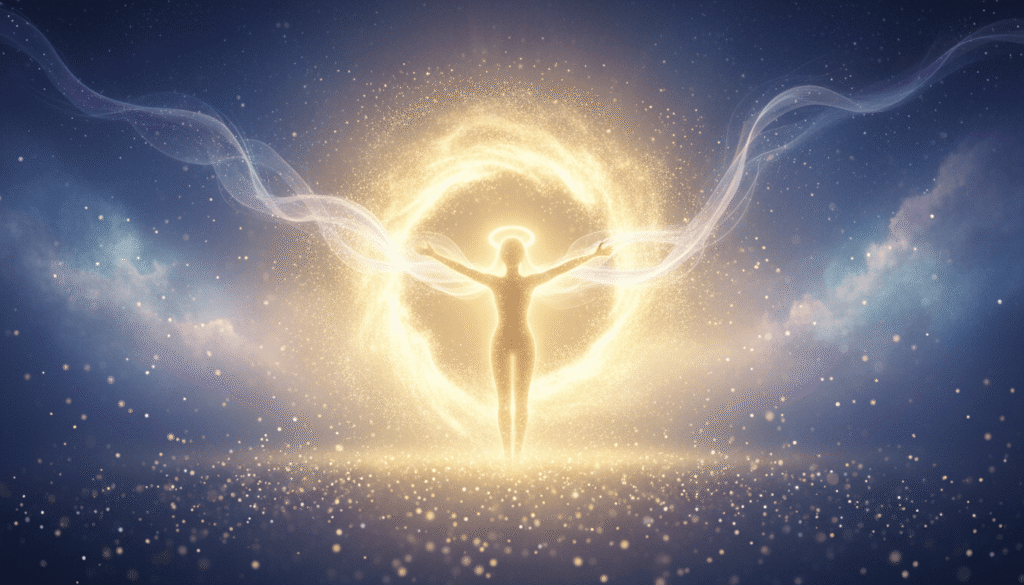 Triumfuojantis siluetas auksiniame portale, spinduliuojantis daleles ir violetinę energiją. Kosminis indigo fonas, pilnas galimybių.