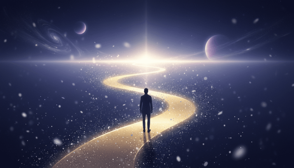 Švytintis siluetas ant auksinio tako, žvelgiantis į platų kosminį horizontą su švytinčiais takais ir žvaigždėmis, violetiniais atspalviais.