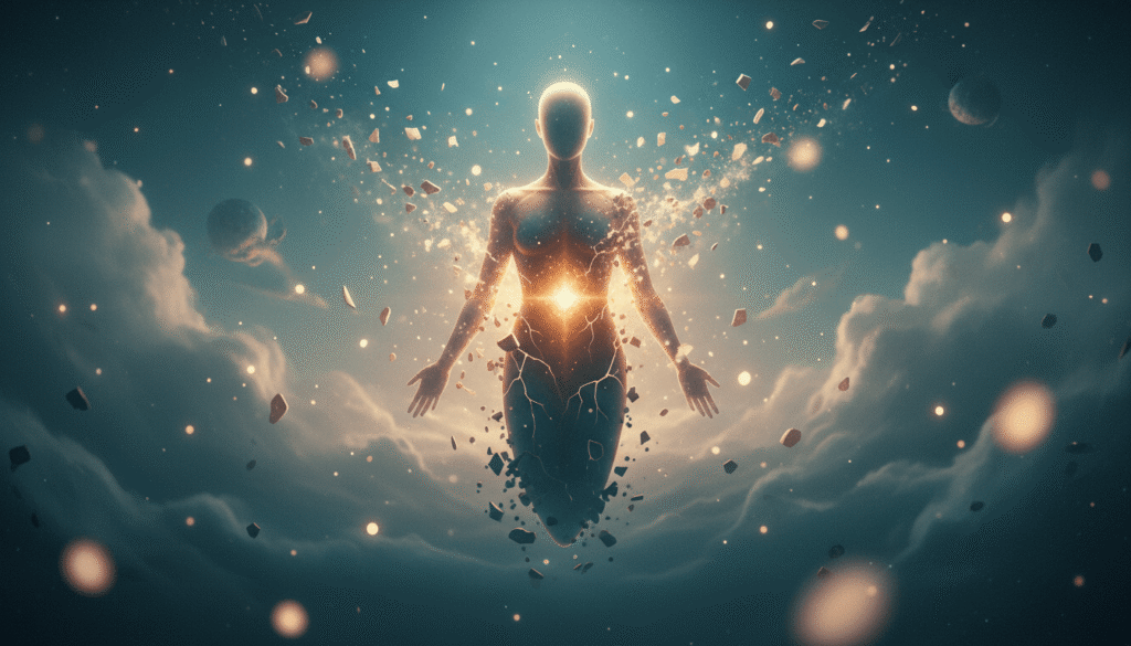 Rose gold švytintis siluetas išnyra iš tamsios tialo spalvos lėliukės, apsuptas transformuojančių šviesos dalelių.