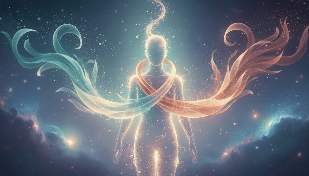 Translucent silhouette, iš kurios sklinda dvi persipynusios teal ir rožinio aukso spalvos energijos srovės, su švytinčiomis dalelėmis, kosminiame fone.