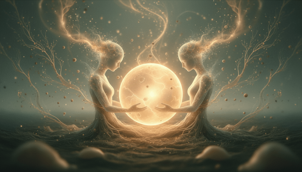 Šviesos sfera, apsupta apsaugančių formų. Kylančios dalelės, šaknų raštai. Žalios, smėlio ir bronzos tonai. Rami, saugi atmosfera.