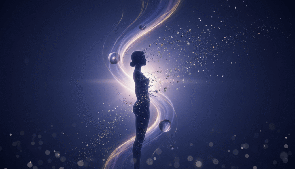 Eteriškas siluetas, apsuptas besisukančio indigo ir violetinės šviesos sūkurio, su sidabro ir aukso dalelėmis, kosminis fonas.